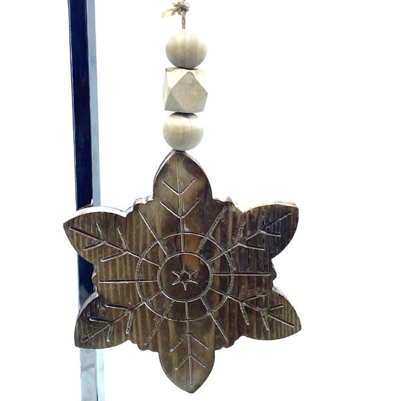 Rustic Wooden Snowflake Ornament Beads Christmas Décor 12”x4.5” Holiday - Picture 2 of 6